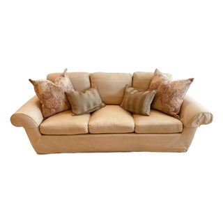 A. Rudin Upholstered Silk Roll Arm Sofa Loose Back &Seat Cushions With Dressmakers Skirt Four Decorative Pillows For Sale