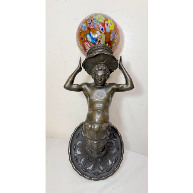 Figurative Antique Figural Patinated Bronze Man Wall Sconce Fixture Millefiori Glass Shade For Sale - Image 3 of 17