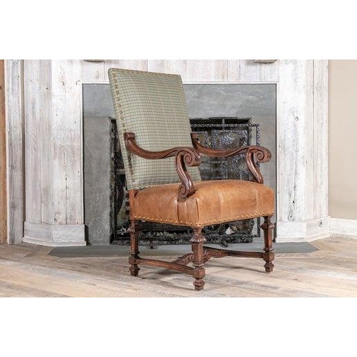 Handsome library comprised of a green plaid covered back with a contrasting leather seat, accentuated with large 5/8"...