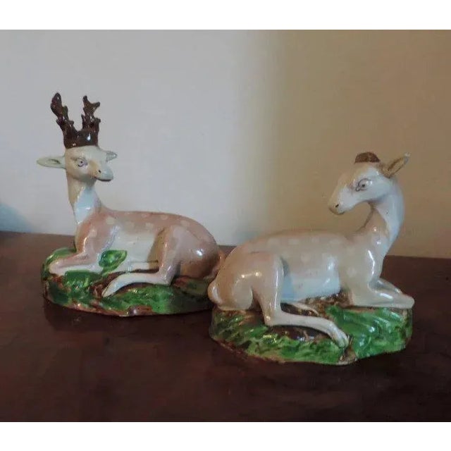 18th Century English Staffordshire Pearlware Models of Recumbent Deer Doe & Buck - a Pair For Sale - Image 4 of 11