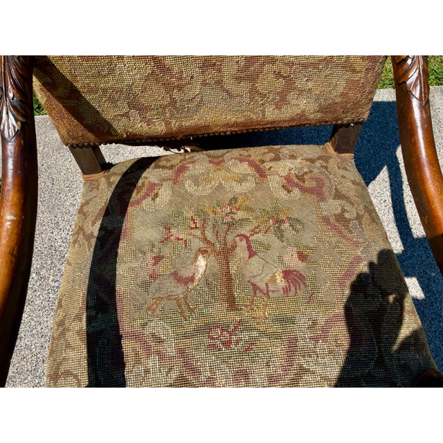 Wood Late 19th Century Victorian Carved Wood Distressed Needlepoint Armchair Tall Back Throne Chair For Sale - Image 7 of 12