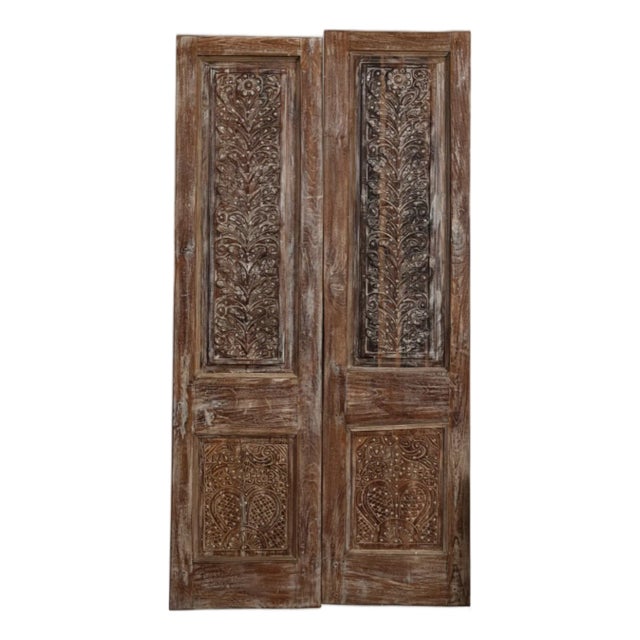 Antique Carved Double Door With Brass Studs – Rustic Sliding or Hinged Barn Doors 80x42 For Sale