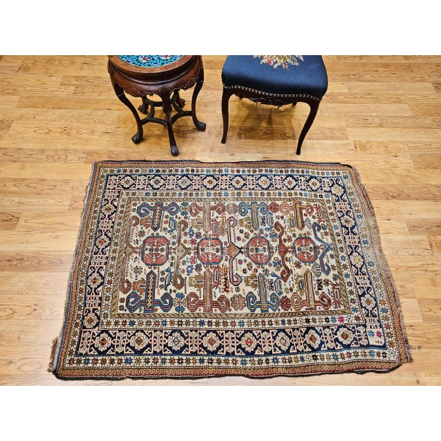 Vintage Caucasian Kilim Rug, Handwoven Wool, Geometric Stripes, Blue & Ivory, 6' x 8' For Sale In Chicago - Image 6 of 18