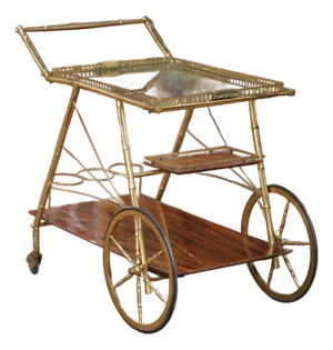Mid-Century French Faux Bamboo Brass and Mahogany Bar Cart With Removable Tray