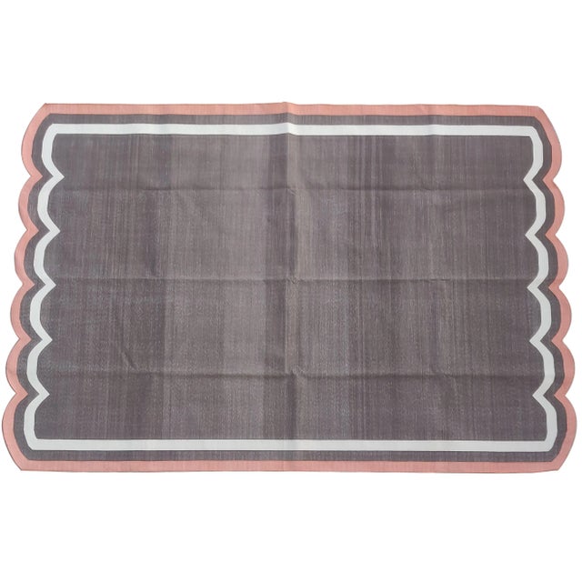 Handmade Cotton Scalloped Rug, Brown with Cream and Terra Cotta Trim 6'x9' For Sale - Image 9 of 10