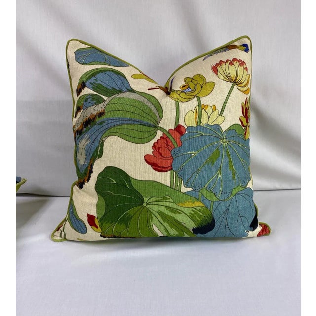 custom made g.p. And J Baker “Nympheus” Pillows in Stone single sided with matching piping edges. Invisible zipper and...