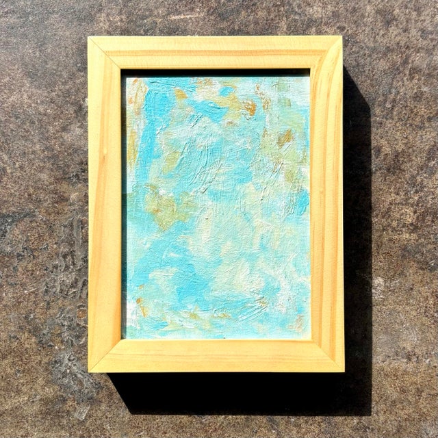 Aqua Vintage Boho Minuarture Abstract Painting in Wooden Frame For Sale - Image 8 of 8