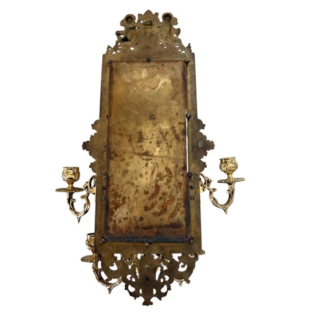 Brass Antique French Baroque Revival Brass Wall Mirror With Candle Sconces c.1900-10 For Sale - Image 8 of 10