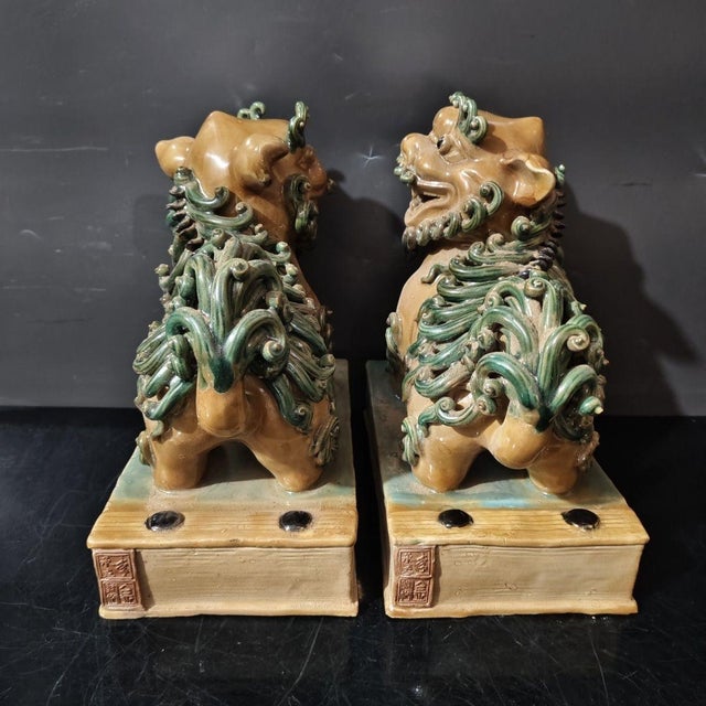 Ceramic Vintage Shiwan Kiln Amber Glazed Foo Dogs on Pedestals - A Pair For Sale - Image 7 of 9