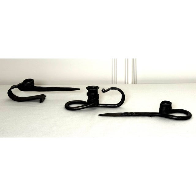 American Vintage Brutalist Hand-Forged Iron Candle Taper Holders, Set of Three For Sale - Image 3 of 12