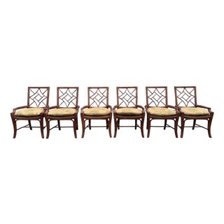 Vintage Fretwork Rattan Dining Chairs With Tropical Cushions, Set of 6 For Sale
