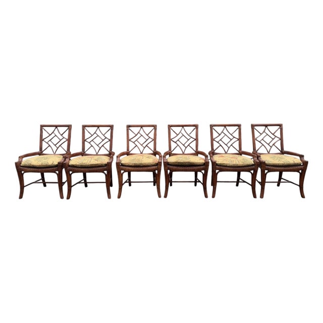 Vintage Fretwork Rattan Dining Chairs With Tropical Cushions, Set of 6 For Sale