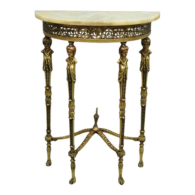 Antique Gothic Revival Oscar Bach Style Figural Bronze & Onyx Console Side Table For Sale