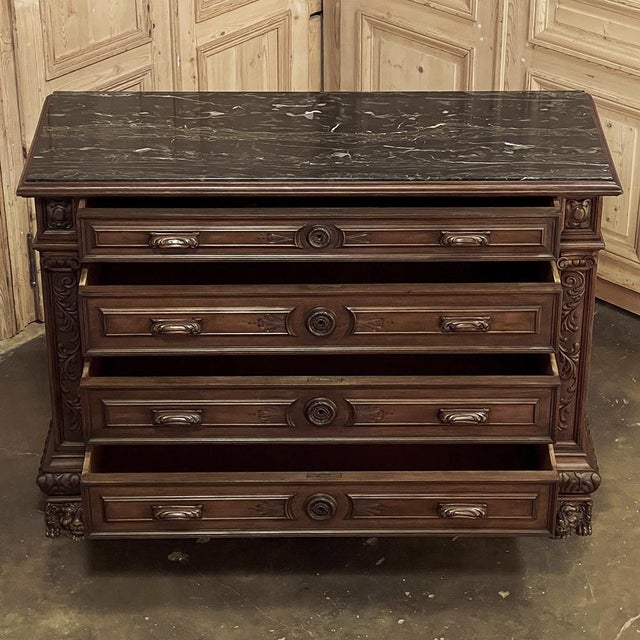 Burnt Umber Antique Italian Renaissance Revival Walnut Nero Portoro Marble Top Commode For Sale - Image 8 of 18
