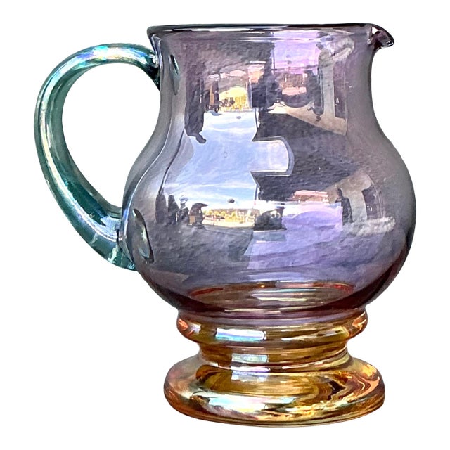 Vintage Boho Iridescent Glass Pitcher For Sale