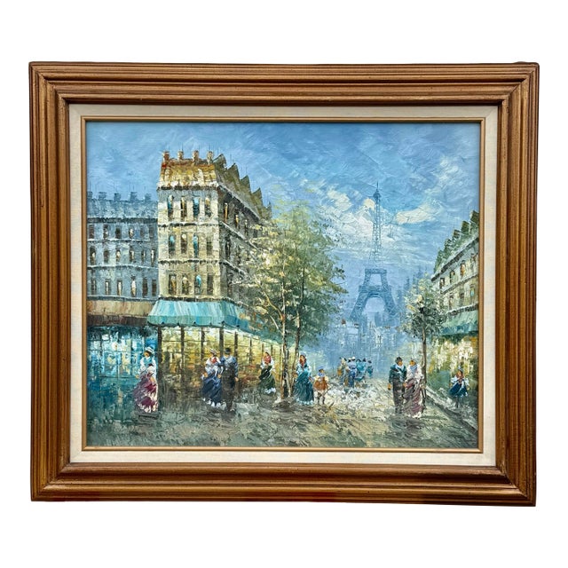 Vintage Paris Cityscape Eiffel Tower Oil Painting, Large Framed Mid-Century Impressionist Art For Sale