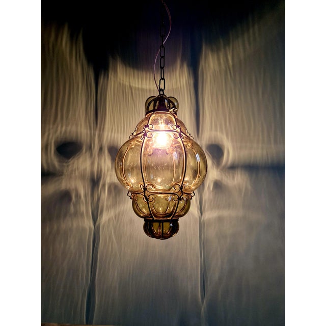 Olive Venetian Pendant Light in Blown Glass and Forged Metal, Mid-20th Century For Sale - Image 8 of 15