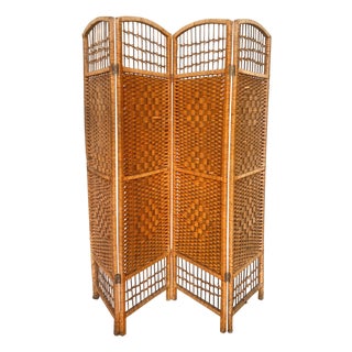 Four-Panel Bamboo Wicker Rattan Folding Screen Room Divider, France 1960s For Sale