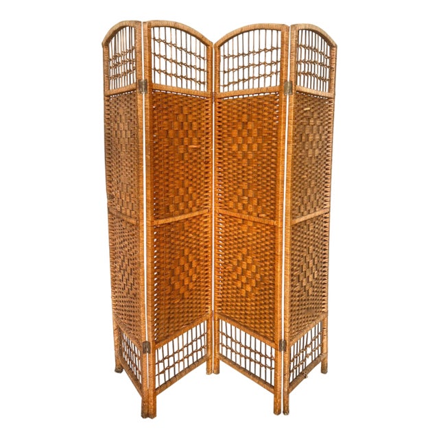 Four-Panel Bamboo Wicker Rattan Folding Screen Room Divider, France 1960s For Sale