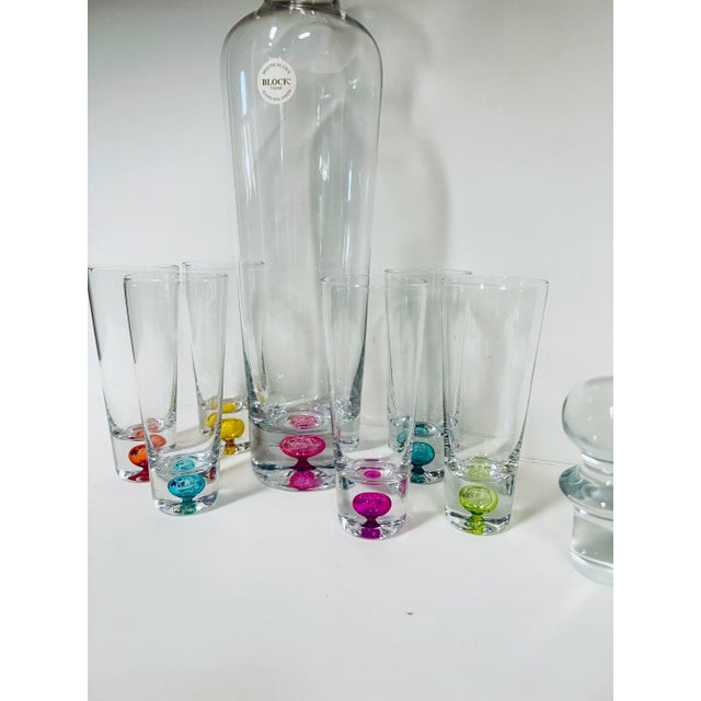 Vintage Mouth Blown Crystal Multi-Colored Weighted Bottoms Decanter and 6 Cordial Glasses Barware Set For Sale - Image 6 of 10