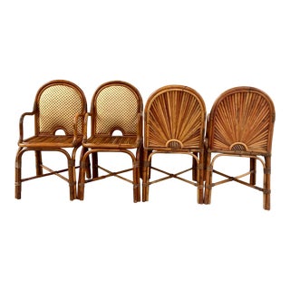 1970s Signed Gabriella Crespi Rising Sun Rattan Dining Chairs- Set of 4 For Sale