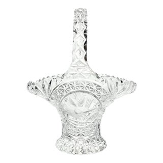 1990s Hofbauer “Byrdes” Large Cut Crystal Deep Handled Basket 10 1/2” For Sale