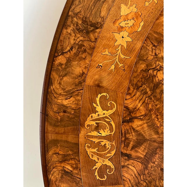 An English Burr Walnut and Marquetry Tilt-Top Oval Breakfast/Center Table For Sale In San Francisco - Image 6 of 13