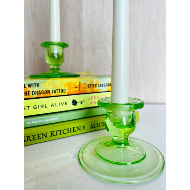 Glass Pair of Early 20th Century Green Glow Candleholders For Sale - Image 7 of 7