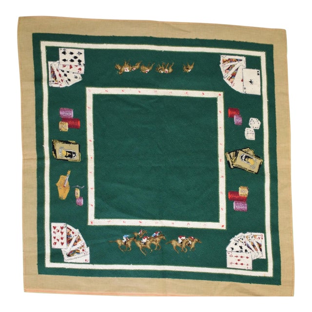 Mid 20th Century Hand-Needlepoint Bridge Card Table Cover With Racehorses & Playing Cards For Sale