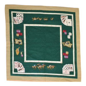 Mid 20th Century Hand-Needlepoint Bridge Card Table Cover With Racehorses & Playing Cards