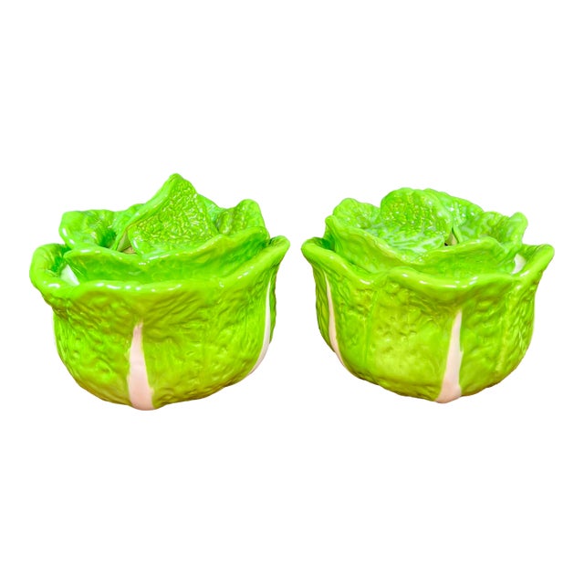 Vintage Green Cabbage Lidded Pottery Bowls - a Pair For Sale