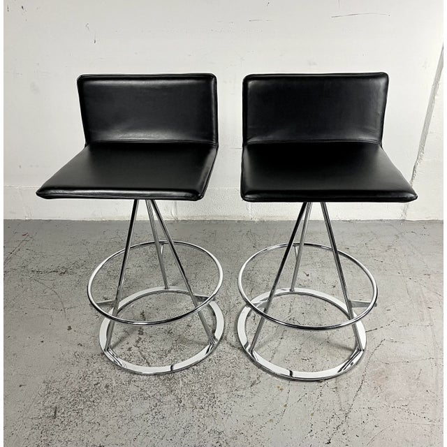 1980’s Italian Modern “Dania” High Bar Stools in Leather & Chrome by