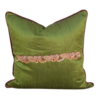 Green Zardozi-Embroidered Silk Pillow Cover, Embroidered Band For Sale