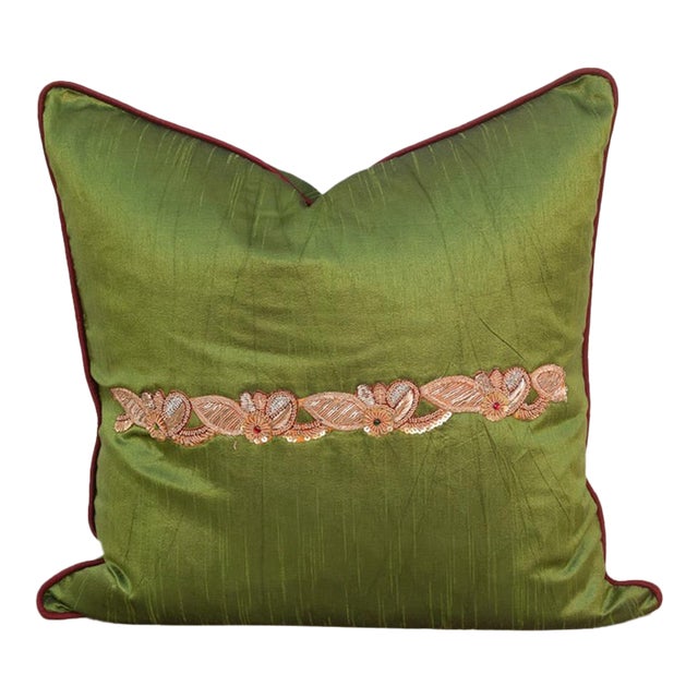 Green Zardozi-Embroidered Silk Pillow Cover, Embroidered Band For Sale