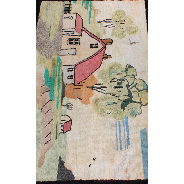 Mid 20th Century Pictorial Antique American Hooked Rug With Old Farm House Setting 2'2 X 3'5 For Sale - Image 5 of 8