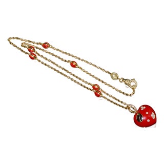 Aaron Basha 18k Gold Diamond Enamel Ladybug Puffy Heart Pendant Necklace For Sale