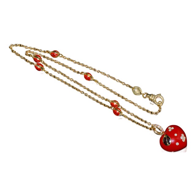 Aaron Basha 18k Gold Diamond Enamel Ladybug Puffy Heart Pendant Necklace For Sale