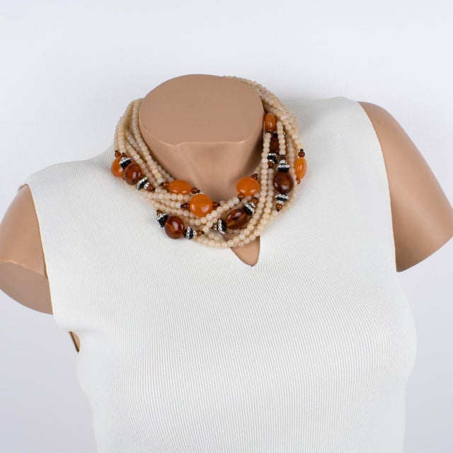 Contemporary Angela Caputi Choker Necklace Latte and Amber Multi-Strand For Sale - Image 3 of 8