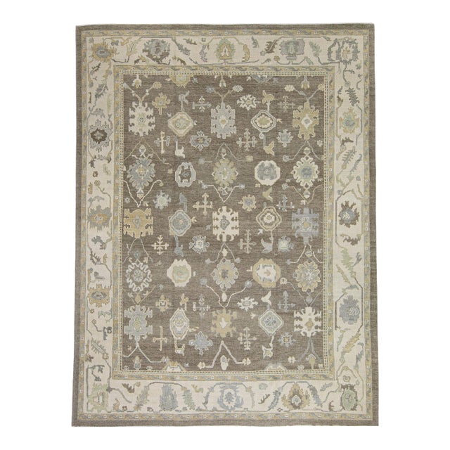 Turkish Oushak Rug in Taupe, Cream & Sage Handwoven Wool Rug 11'6" × 15'4" For Sale