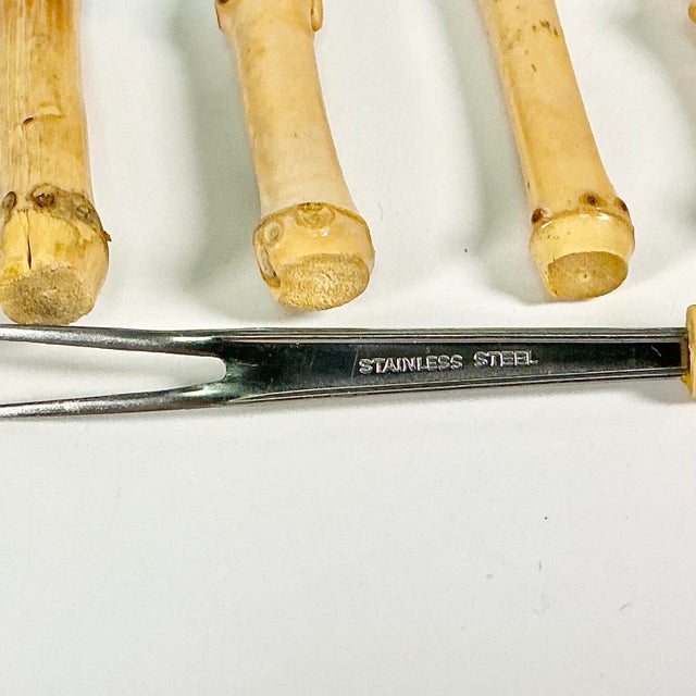 1970s Vintage Hollywood Regency Coastal Boho Chic Bamboo Handle Stainless Steel Appetizer Picks - Set of 6 For Sale - Image 6 of 7