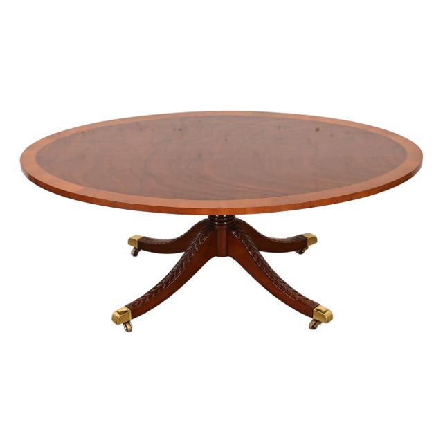 Baker Furniture Style Georgian Banded Mahogany Pedestal Coffee Table For Sale