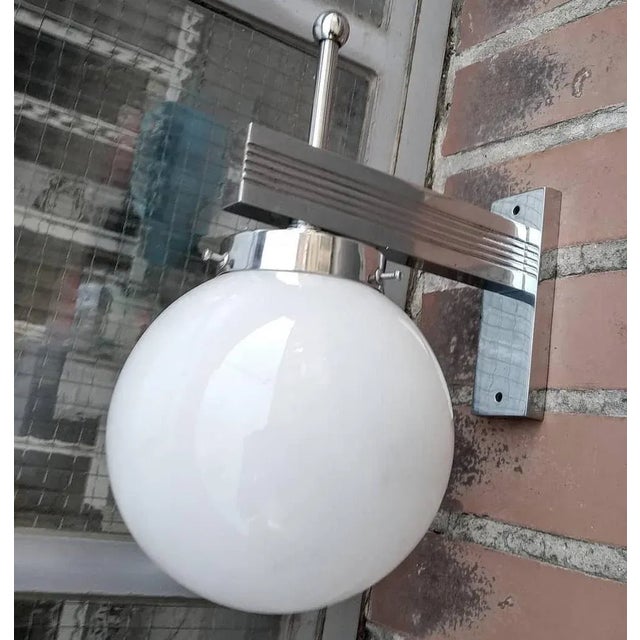 Art Deco Vintage Art Deco Wall Sconces in Nickel Brass & Milk Glass Shade For Sale - Image 3 of 4