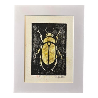 Original Hand-Carved Linocut Print Beetle With Watercolor - Lichen Variant For Sale