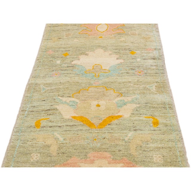 Modern Tan Modern Oushak Handmade Floral Wool Runner For Sale - Image 3 of 11