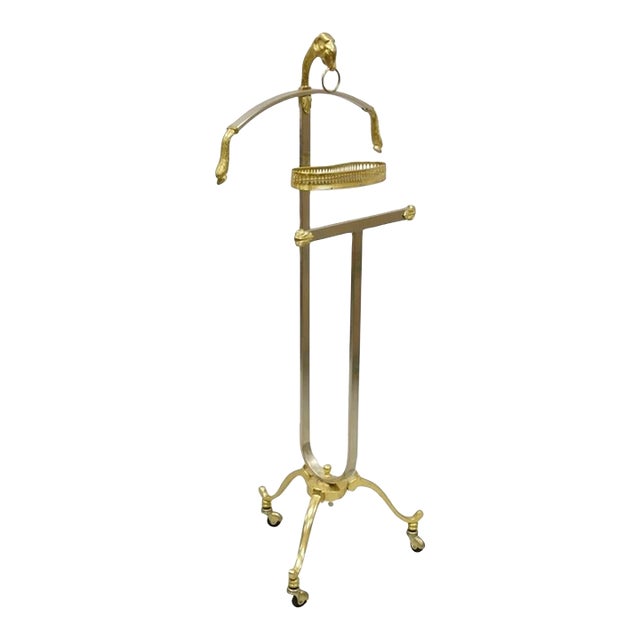 Vintage Italian Maison Jansen Style Brass & Steel Rams Head Suit Clothing Valet For Sale