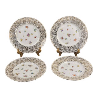 Vintage Saxonia Dresden Painted Floral Gilded Reticulated Plates - Set of Four For Sale