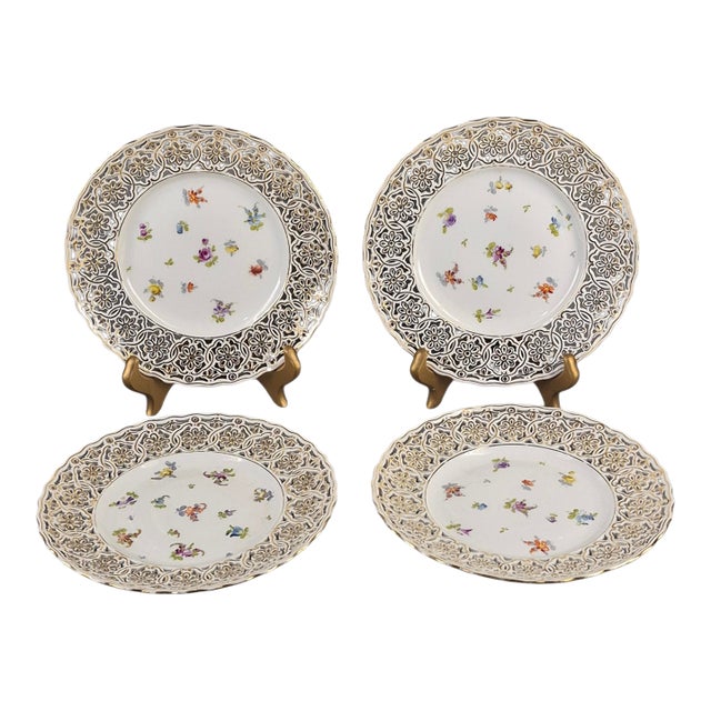 Vintage Saxonia Dresden Painted Floral Gilded Reticulated Plates - Set of Four For Sale