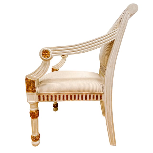 Early 20th Century Vintage Italian Neoclassical Gilt & Painted Armchair Fauteuils With Rosette Carvings - A Pair For Sale - Image 13 of 18
