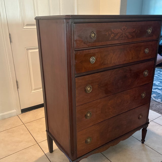 Wood Antique Inlaid Mahogany Five-Drawer Chest, Circa 1900 — Federal Revival Companion Piece For Sale - Image 7 of 11