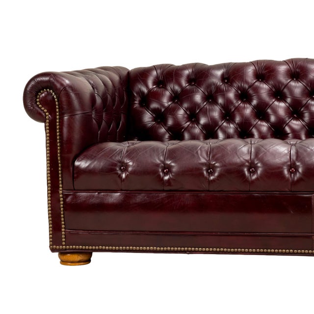 Metal Vintage 1970s Tufted English Chesterfield Style Burgundy Leather Sofa 76" For Sale - Image 7 of 18